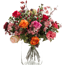 bouquet-fleurs-roses-oranges-vase-transparent