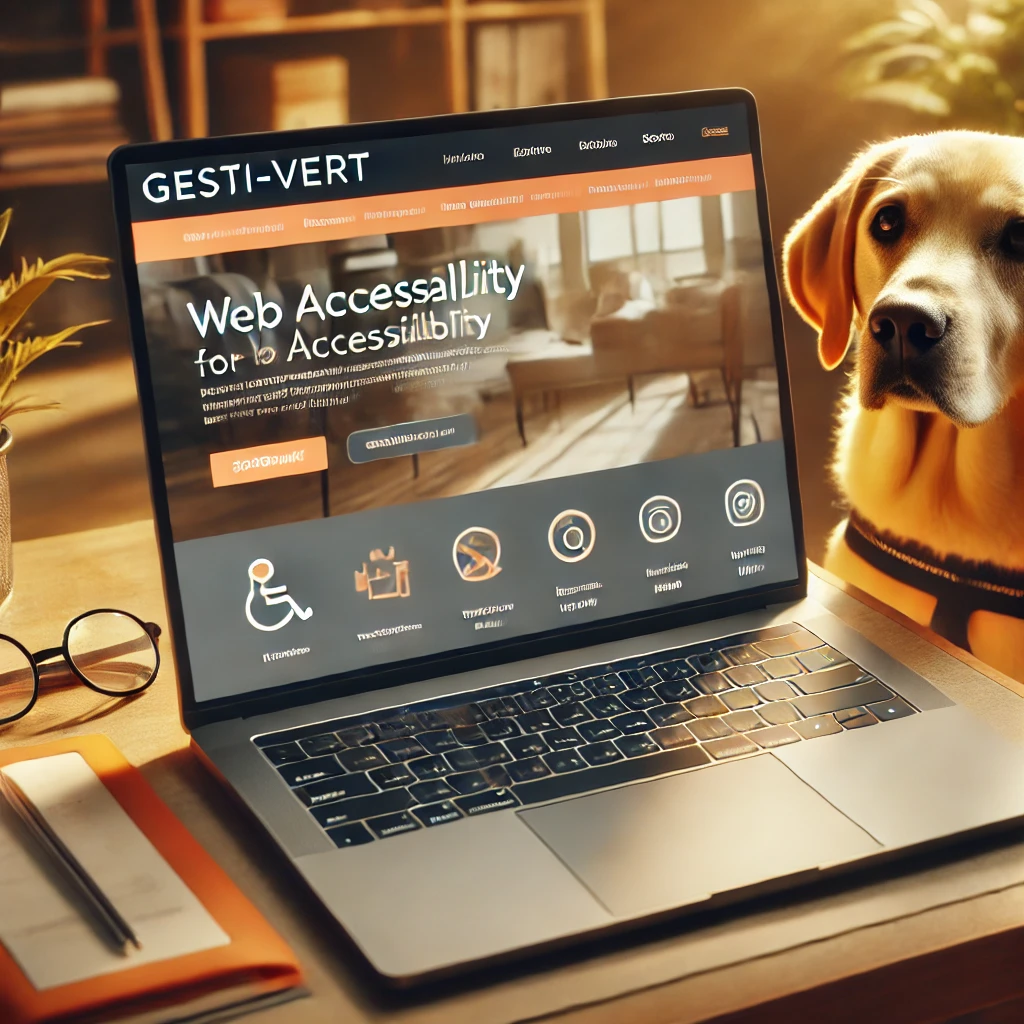 Un ordinateur portable affichant une page web accessible avec un chien guide à côté, représentant l'engagement de GESTI-VERT pour rendre leur site web accessible aux malvoyants.